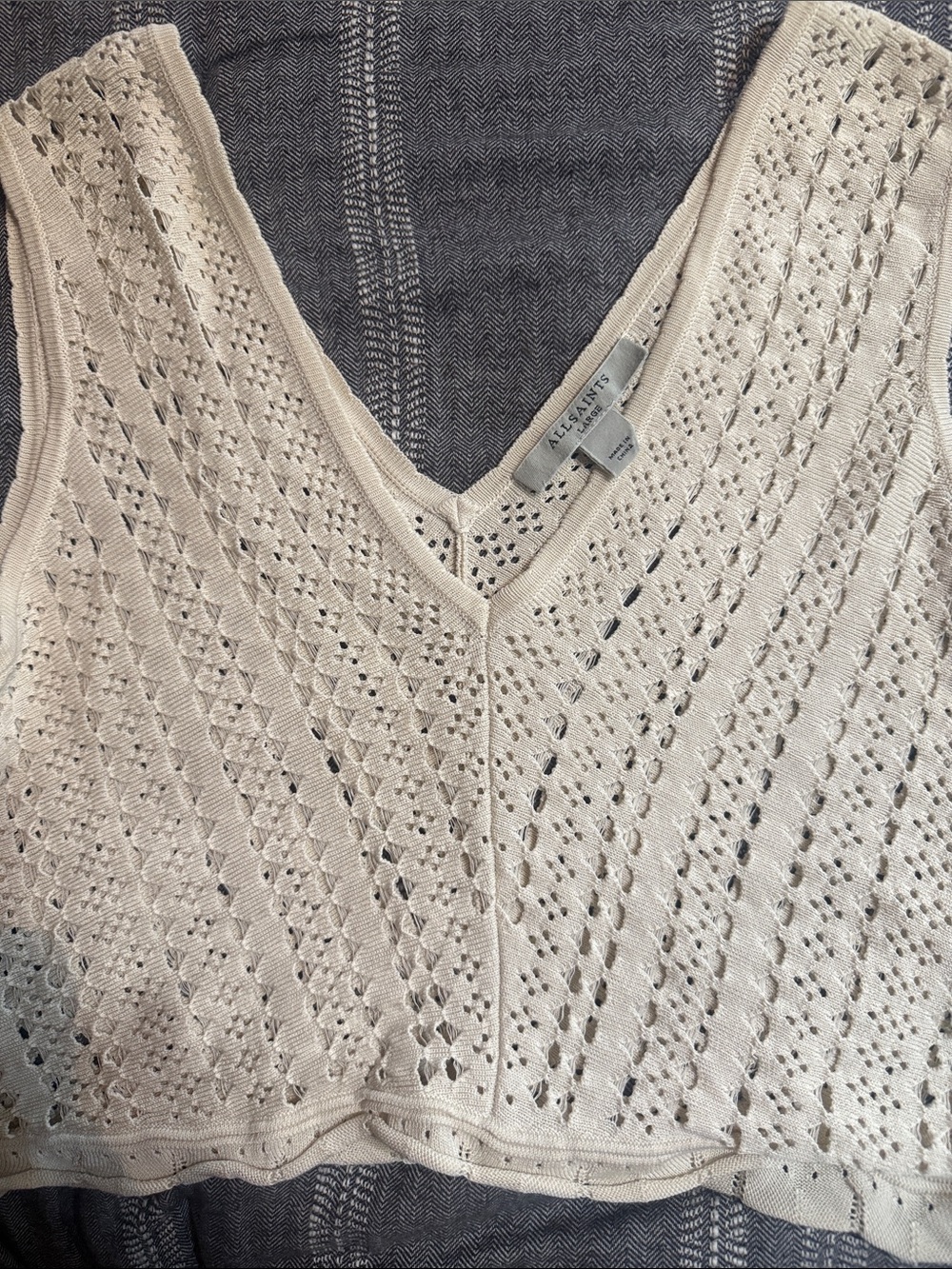 All Saints Cream Crochet V-Neck Sleeveless Knit Tank